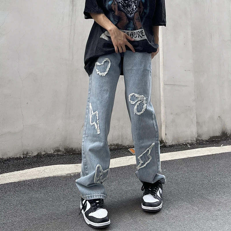 

2022 New Vibe Retro Embroidery High Waist Jeans Men's Straight Wide Leg Trousers Casual Loose High Street Denim Trousers