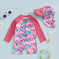 Tregren-Maillot de bain à manches longues pour fille, imprimé floral/flamant rose, demi-fermeture éclair, protection anti-éruption avec chapeau de soleil, vêtements de plage pour bébé 3