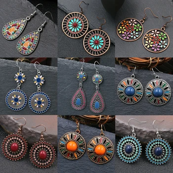 Ethnic Boho Colorful Enamel Earrings For Women Bomemian Retro Hollow Flower Round Geometric Vintage Drop Dangle Earrings Jewelry
