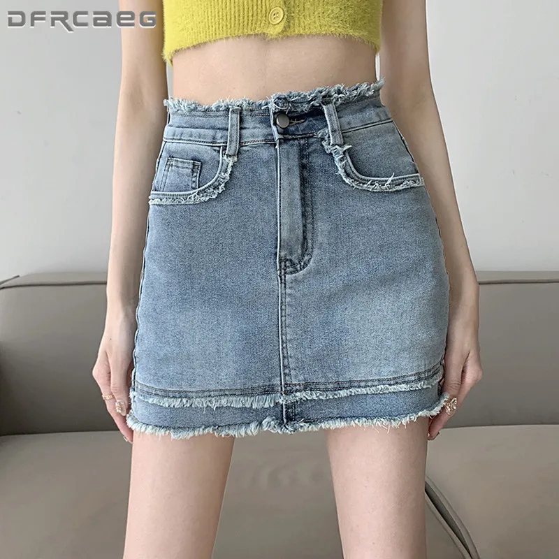 

Black Women Elastic Denim Pencil Skirts Shorts Summer 2023 High Waist Casual Streetwear Lady Vintage Mini Saias Jeans With Burrs