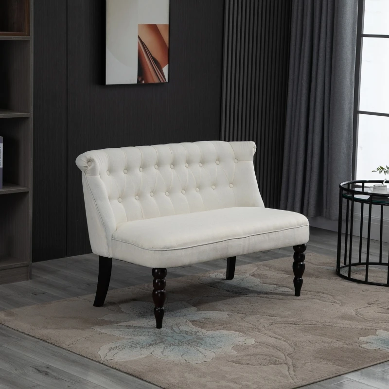 Button Tufted Cream White Fabric Loveseat