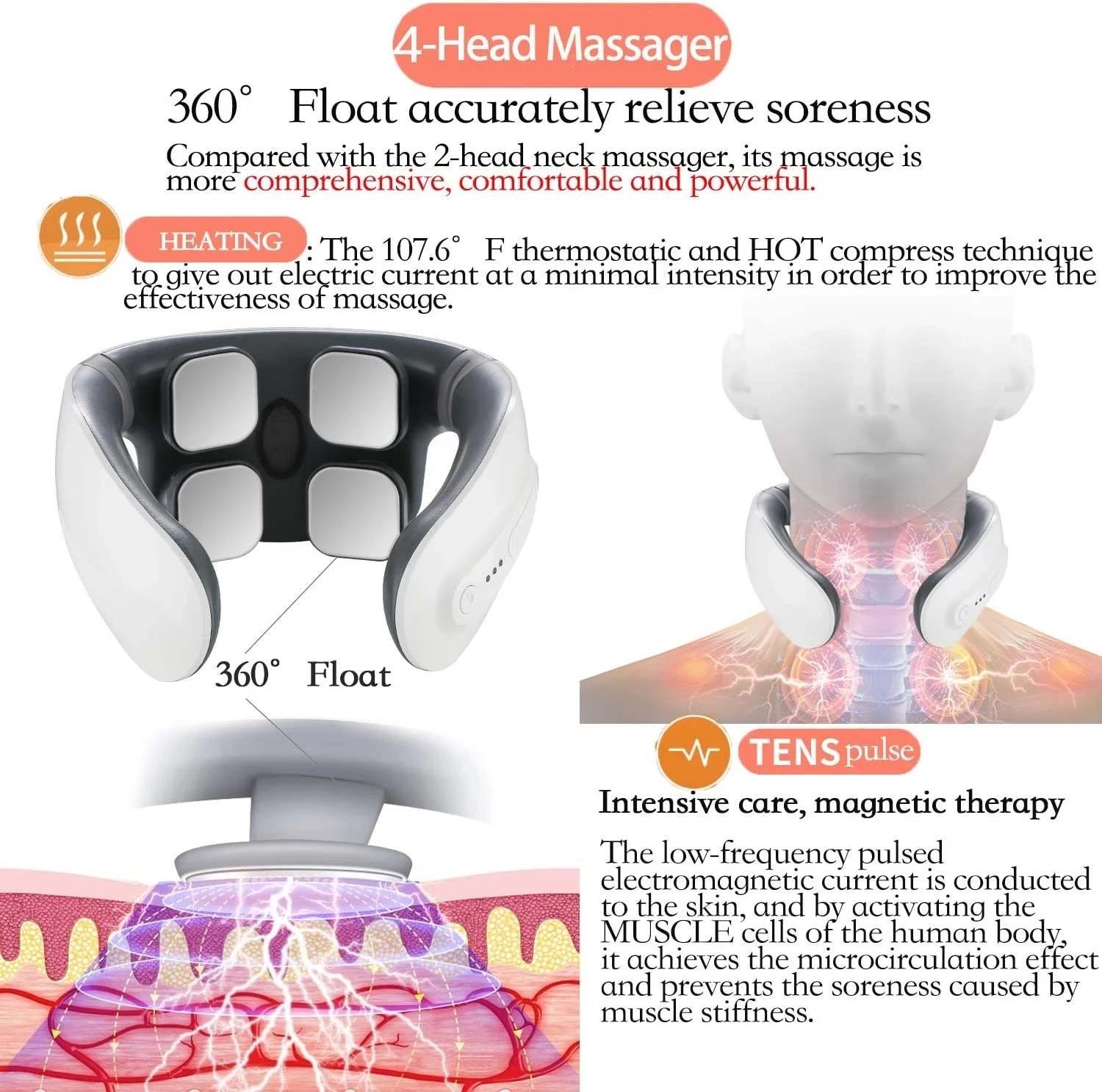 Neck Massager with Heat Micro Electric Massager for Neck Shoulder Pain  Relief USB Neck Massager Relax Muscles Floating 4 Heads Vibrator Heating  Massager for Women & Men Heated Intelligent Neck Massager Cordless