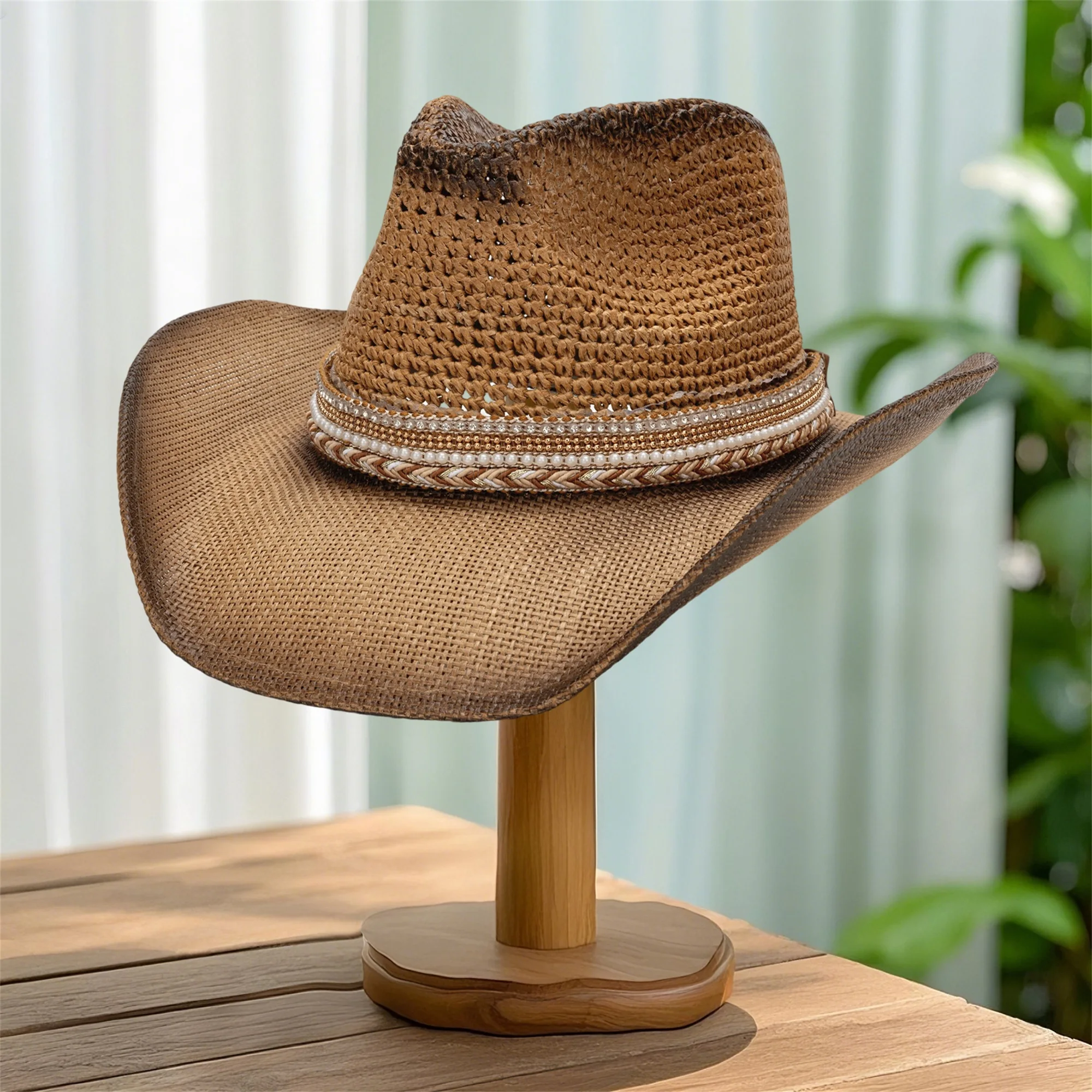 NONECN straw hat belt-pattern band close-up
