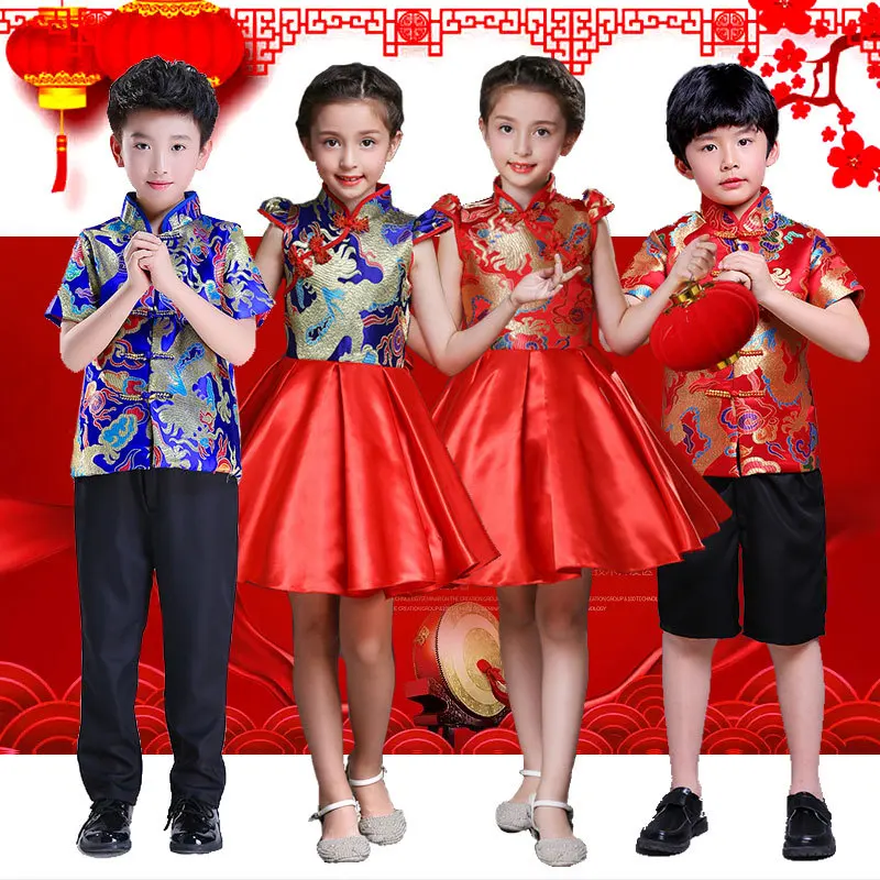 

Chinese Style New Year Costume Kid Clothes Traditional Tang Suit Boy Top+Pant 2pcs Set Girl Cheongsam Qipao Dress Baby A1131