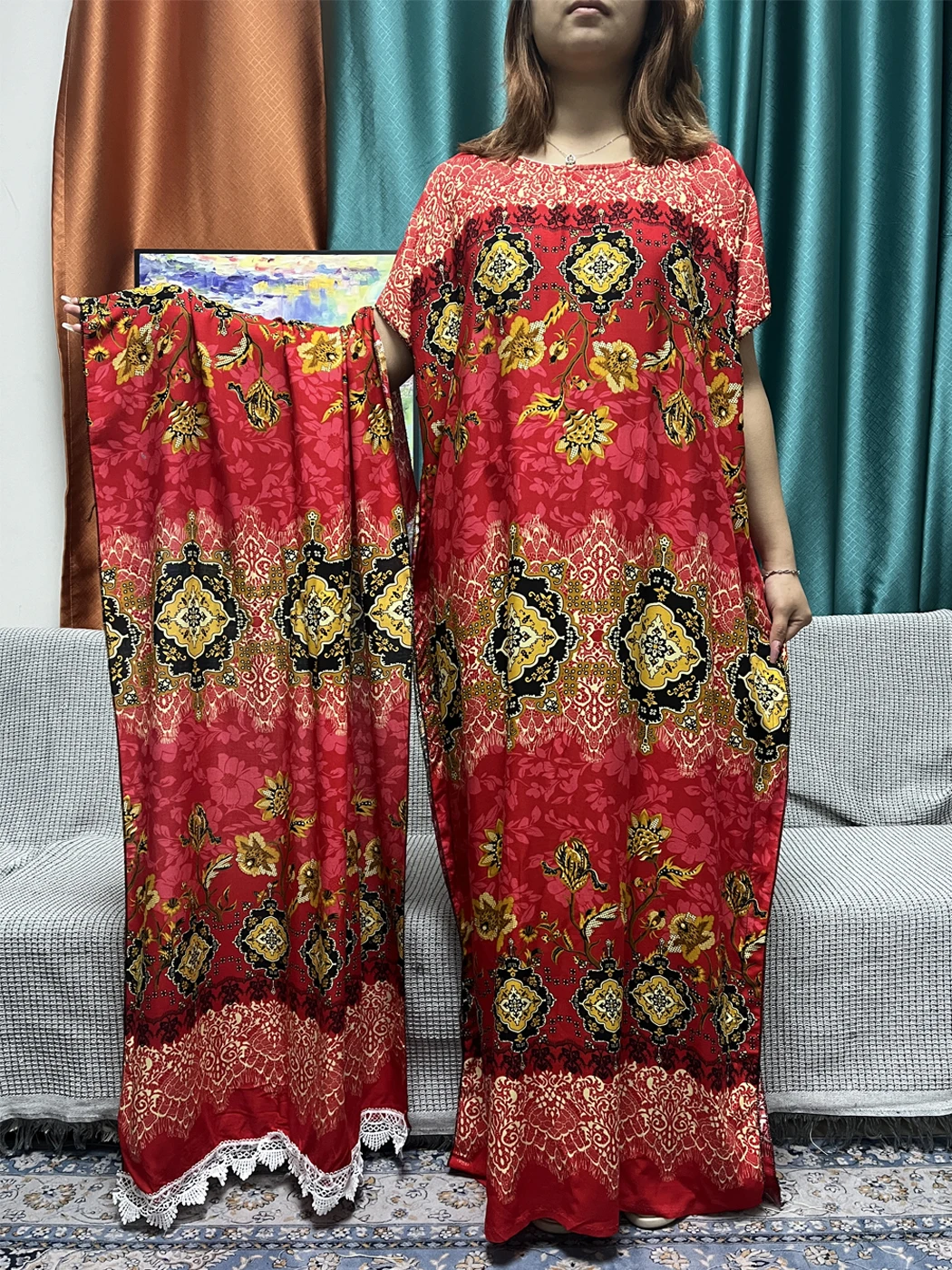 Abayas For Women Dubai Cotton Floral O-neck Short Sleeves Musilm Sets Loose Femme Robe African Nigeria Traditional With Scarf