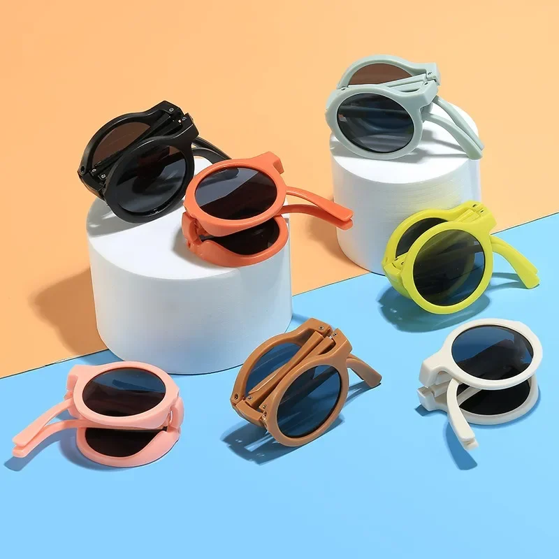 Korean Style Foldable Sunglasses for Kids Candy Color Small Round Frame Summer Shades with Case