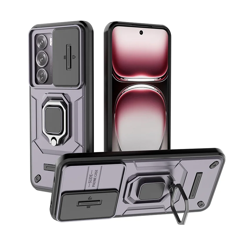 Slide Lens Protect Armor Phone Case with Magnetic Ring Holder Stand - Enhanced Back Cover