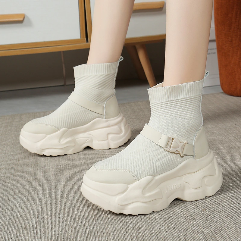 Aphixta Cotton Fabric Sock Boots Platform Women Modern Boots Buckle Dec Women Shoes 6.5cm High Chunky Spring Autumn Shoes