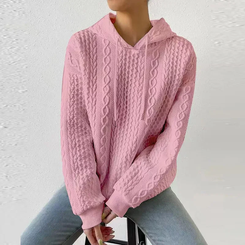 Elegant Solid Color Women Jacquard Hoodie Autumn Winter Casual Long Sleeve Hooded Sweatshirt Female Large Size Knitted Outerwear