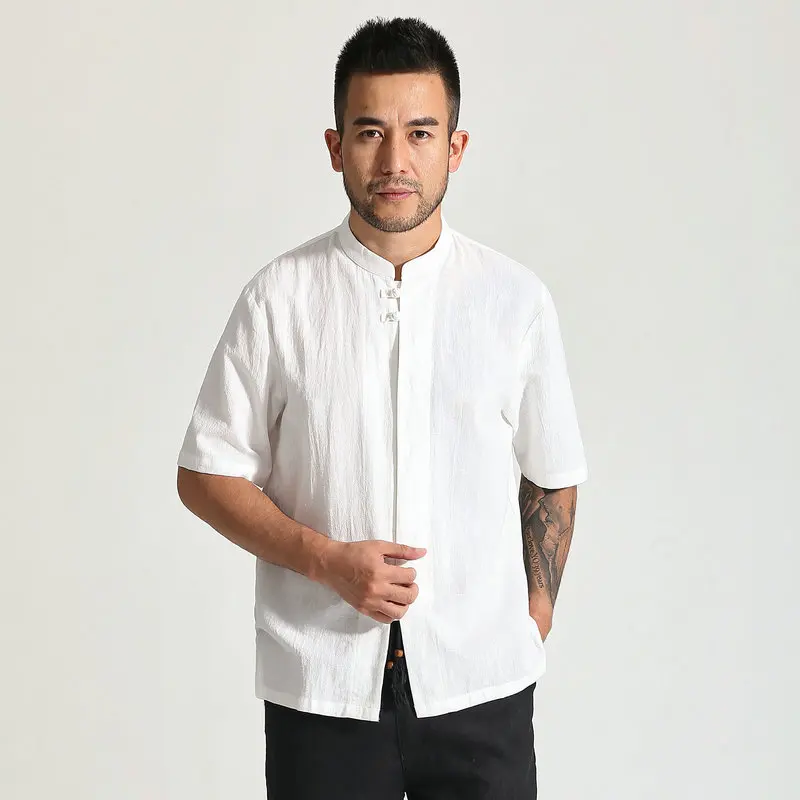 Chinese Vintage Style Men Linen Shirts White Black Blue Short Sleeve Tops Mandarin Collar Shirt Male Leisure Cosy Clothes 2024 new chinese style women red blue flower shirts mandarin