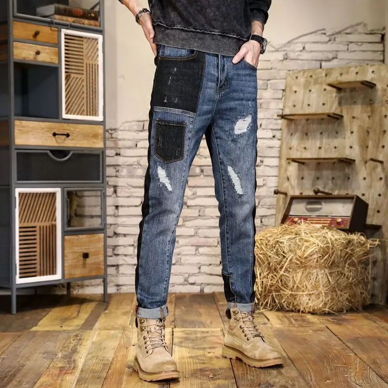 New Handsome Personalized Embroidery Print  Panel Contrast Light Blue Men's Jeans Vintage Stretch ripped Jeans cargo jeans