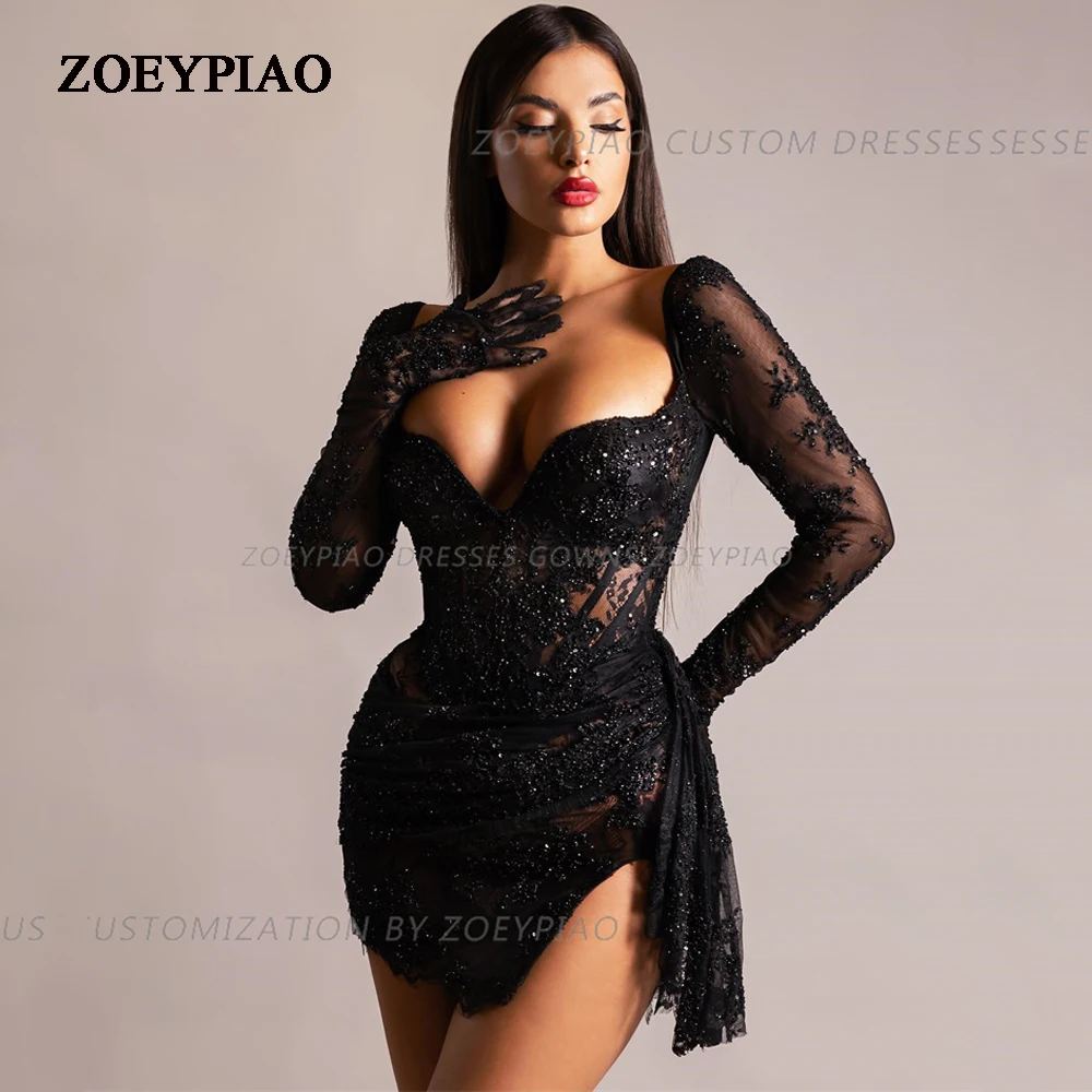 

Glitter Black Sweetheart Short Cocktail Dress Long Sleeves Lace illusion Lady's Dress Sheath Sexy Formal Party Prom Gowns