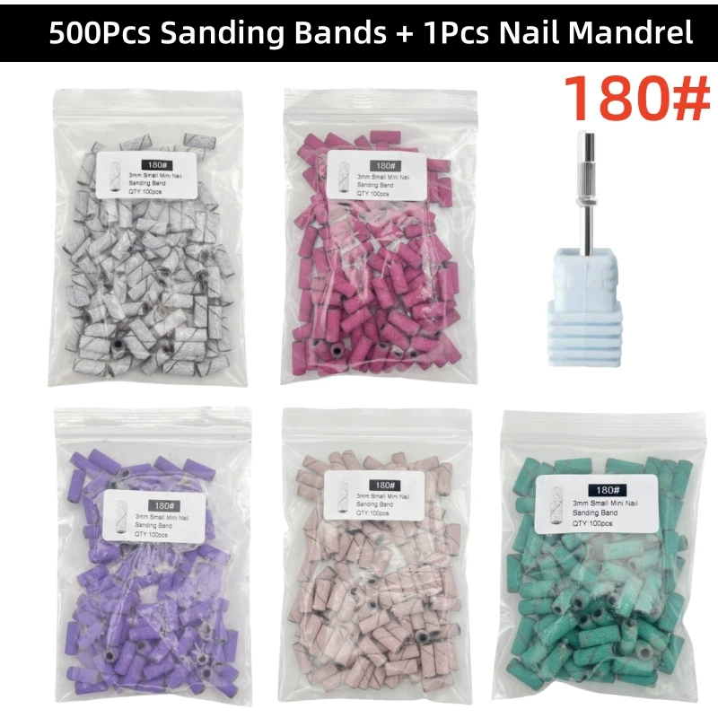 500개 네일 샌딩 밴드 + 1개 네일 맨드렐 180  3.0mm 미니 전동 네일 드릴 비트 폴리쉬 리무버 액세서리 네일 도구