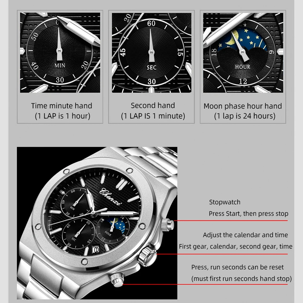 Chenxi Business Men's Watches Stainless Steel Strap Quartz Watch Waterproof Calendar Luminous High Quality Wristwatch For Men, Alina Gadgets