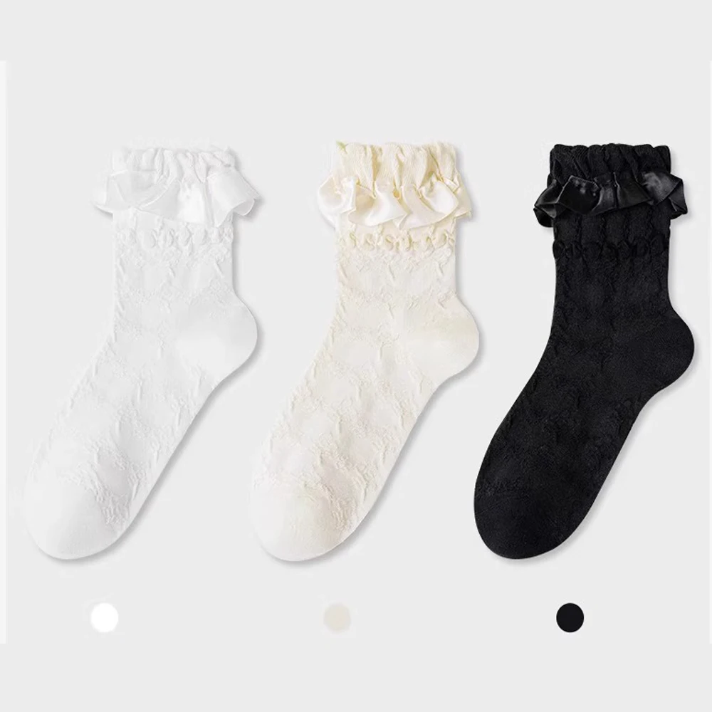 Pack of 5 Pairs Lolita Socks White Bow Lace Socks Middle Tube Japanese College Style Princess Sweet JK Cute Streetwear