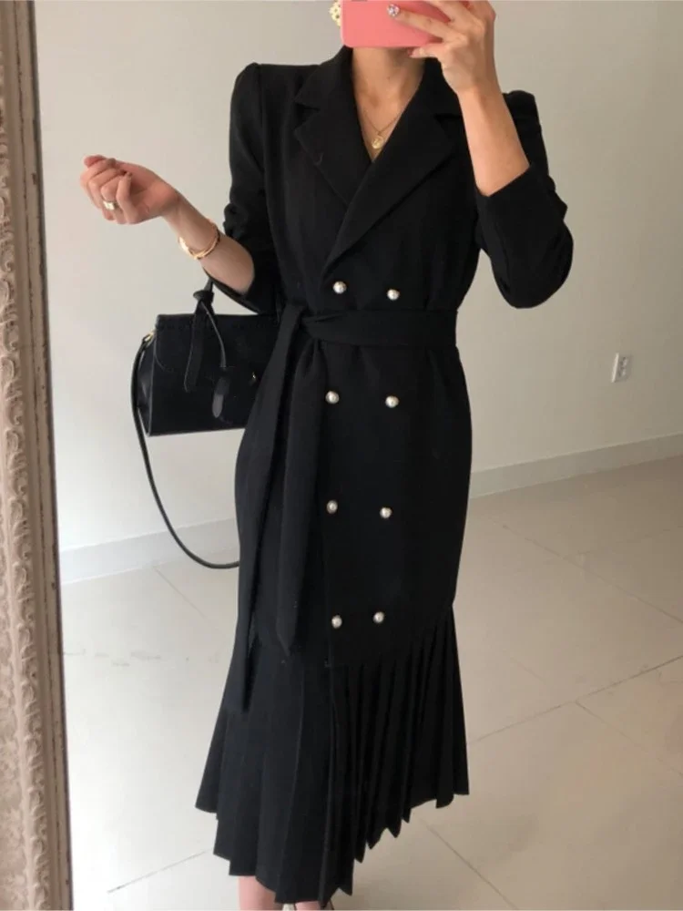 Spring Autumn Women Korean Fashion Solid Suits Dress Double Breasted Long Sleeve Vestdios Elegant Office Lady Blazer Robe