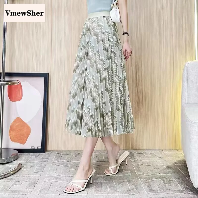 

VmewSher New Fashion High Waist Pleated Skirt Women Bohemain Print Geometric Elegant Midi Skirt Ladies Spring Summer A-line Chic