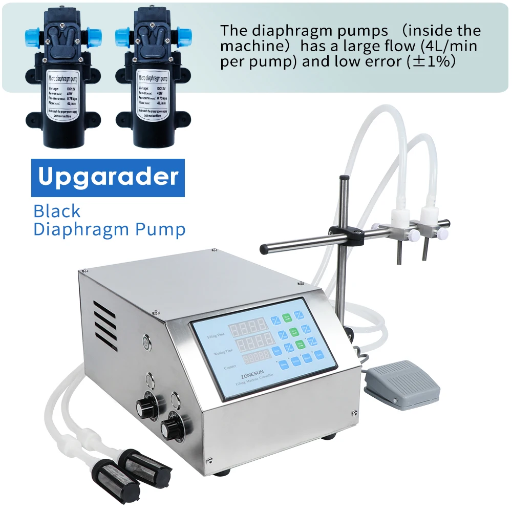ZONEPACK ZS-DPYT2P Полуавтоматическая машина для наполнения бутылок с жидкостью Электрический насос для наполнения с цифровым управлением 50-4000 мл Наполнитель для бутылок с маслом, молоком, напитками, водой, соком, эфирным маслом с 2 головками 