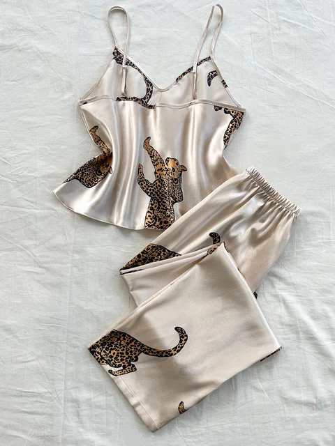 Conjunto de pijama con pantalones largos y tirantes con estampado de leopardo y cuello en V, cómodo y moderno, 2 uds. 2