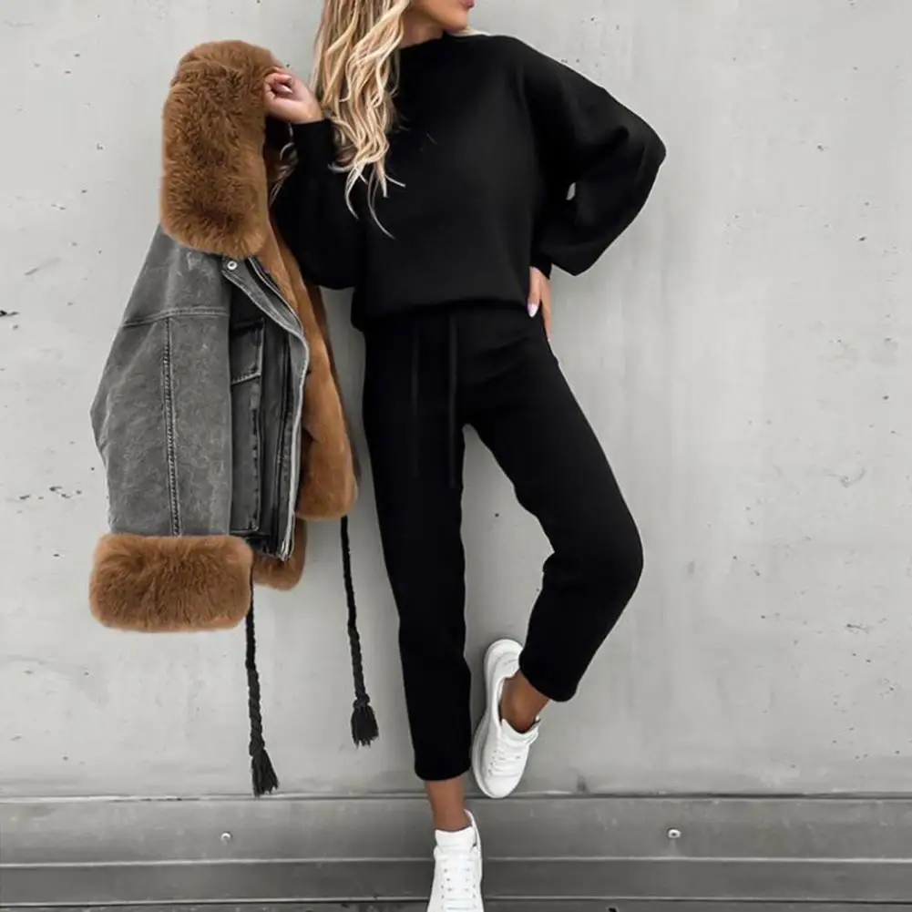 

2 Pcs/Set Stylish Solid Color Drawstring Lady Sweatshirt Trousers Suit Long Sleeves Lady Sweatshirt Trousers Suit