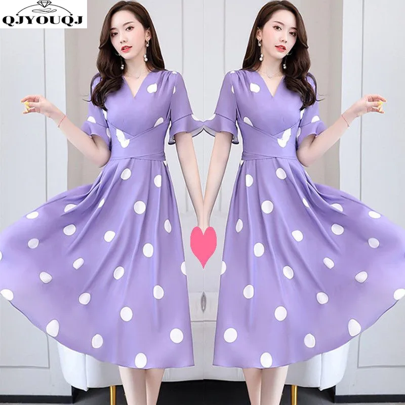 

Spring/Summer Korean Edition New V-neck Chiffon Polka Dot Printed Dress Mid Length Waist Slimming Fashion Dress