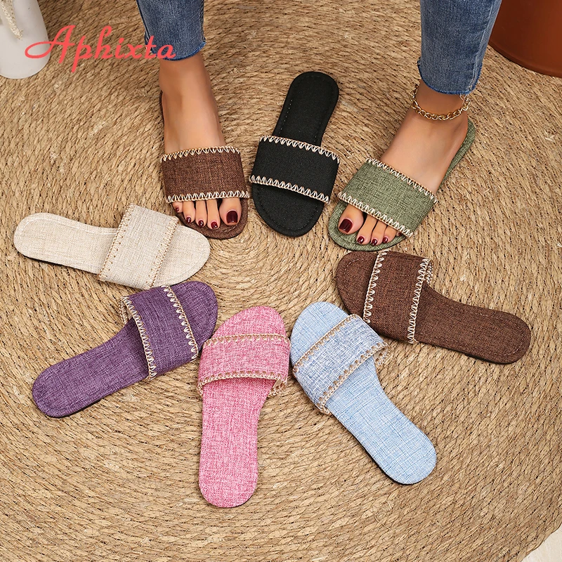 Aphixta Candy Color Flat With Summer Women Slippers Sewing Canvas Shoes Classic Hollow Round Toe Flip Flops Beach Slide Mules 43