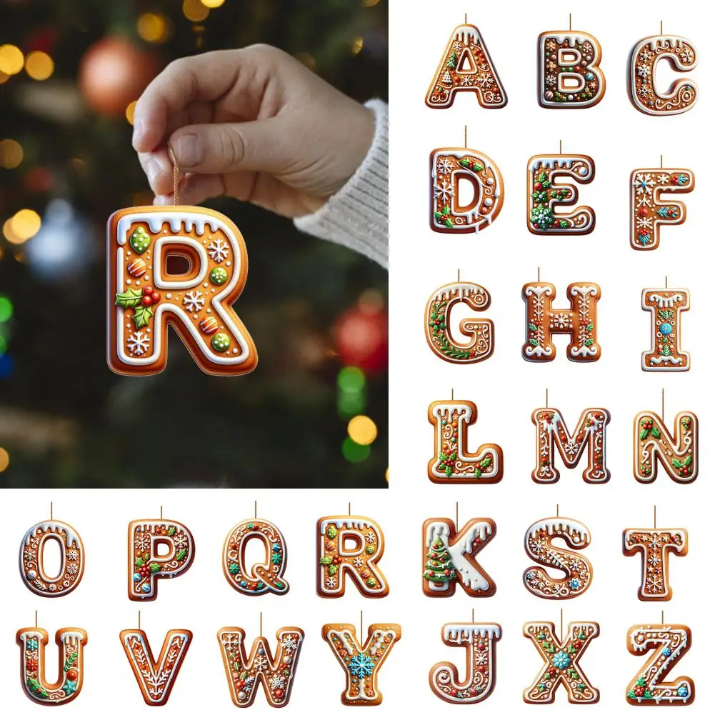 Gingerbread Alphabet Ornaments 26 Initial Letter Candy Cane Pendant with Berries Pattern Mini Monogram Christmas Tree Ha 1/26Pcs christmas decorations