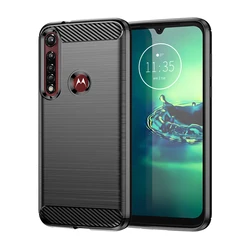 Shockproof Brushed Texture Silicone Phone Cover with Carbon Fiber Design - Moto One Vision Plus (Black)