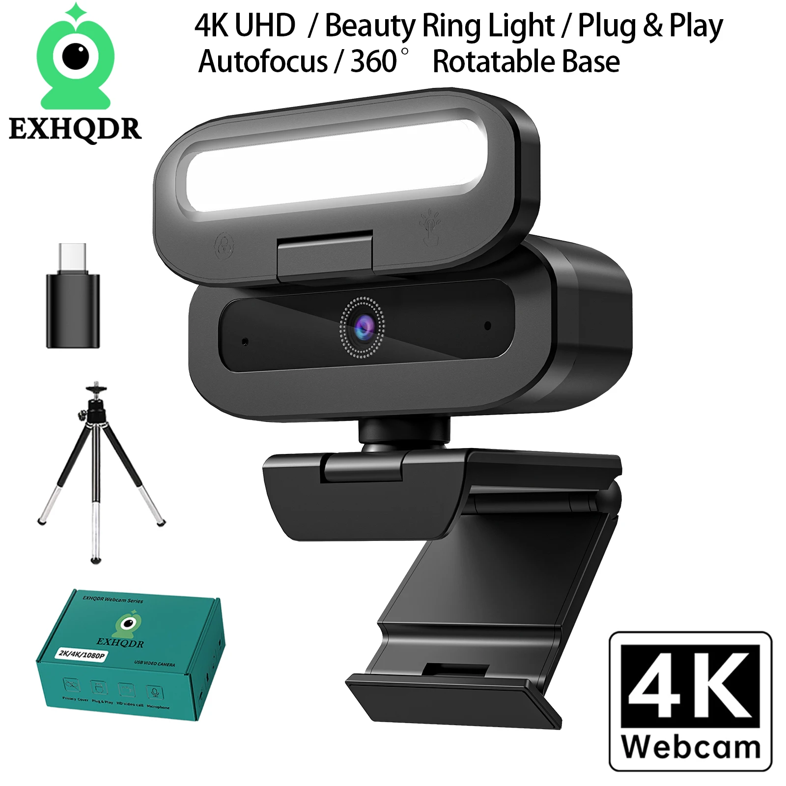 4K USB Webcam Auto Focus UHD Computer Camera Ring Fill Light for Streaming Video Conferencing Plug and Play EXHQDR