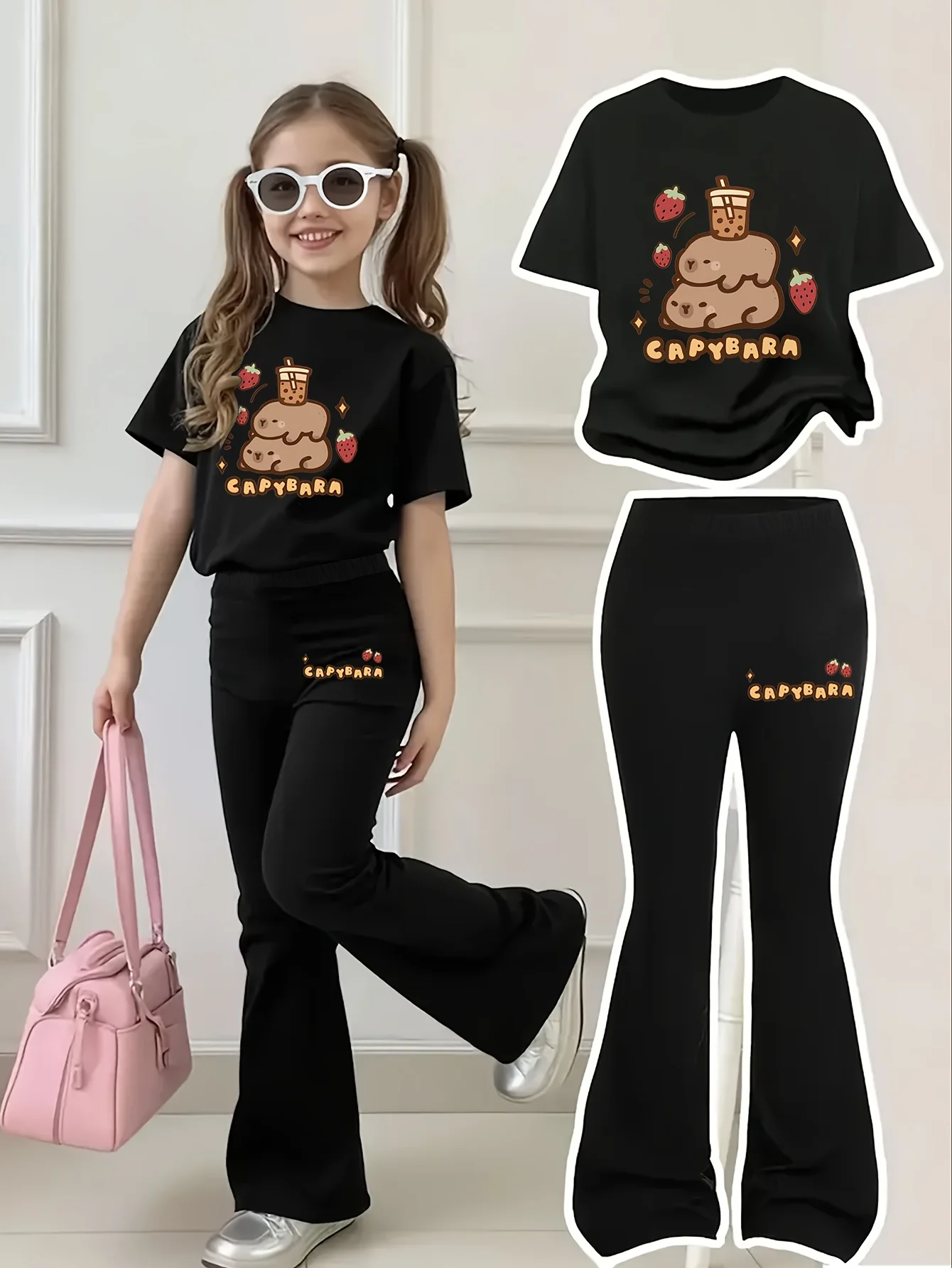 Adorable Capybara Print Pink T-Shirt & Black Bell-Bottom Set