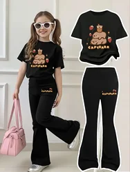 Adorable Capybara Print Pink T - Shirt & Black Bell - Bottom Set - 9 - 10 Years Old (Black)