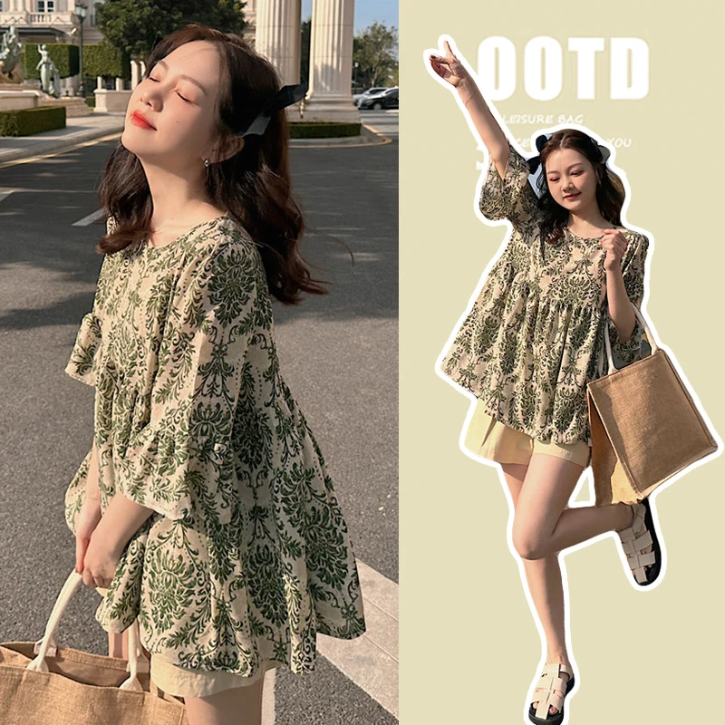 

Summer Maternity Two Pieces Clothes Set Fashion Printing Floral Shirts+Belly Shorts Twinset Pregnant Woman Pants Suits Wholesale