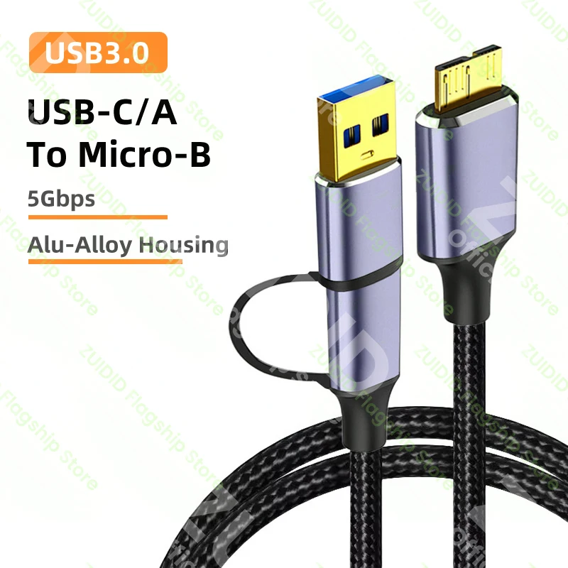 2 em 1 USB-A/C para Micro-B 3.0 Cabo 5Gbps 2A Cabo de sincronização rápida de dados para Macbook Disco rígido HDD SSD Case USB Tipo C Micro B Cabo