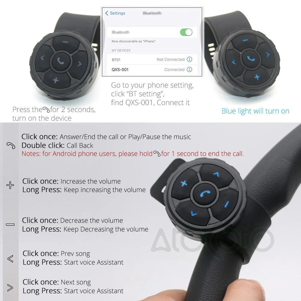 Universal Media Button Remote Control Waterproof Phone Controller for Car Bike Motorbike Steering Wheel Siri Call Camera