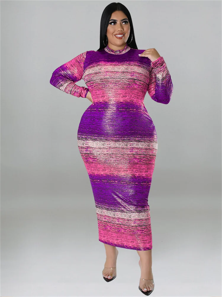 Wmstar Plus Size Dresses Tie Dye Bodycon Women Clothes Long Sleeve Casual Fashion Maxi Dress with Belt Wholesale Dropshipping