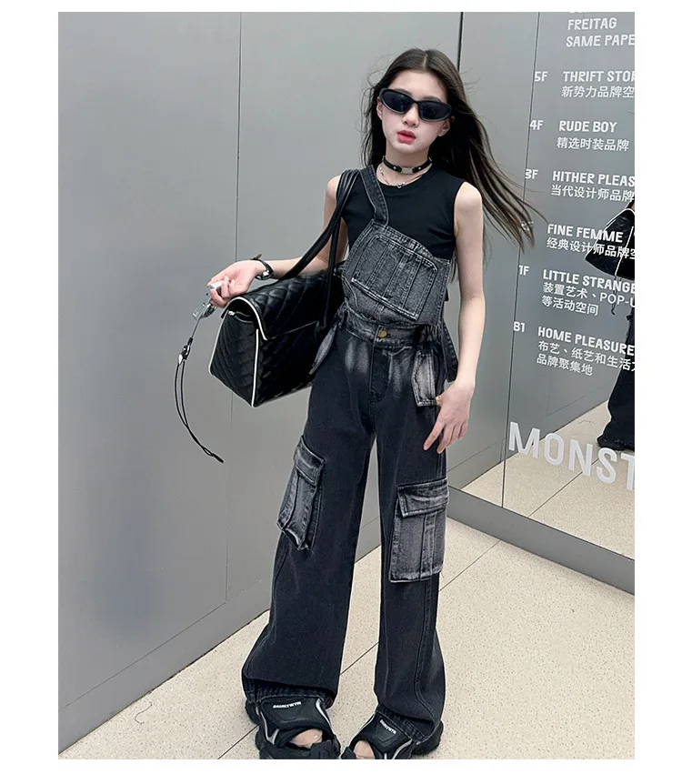 2025 Spring/Autumn Girls Denim Overalls Trendy Detachable Wide-Leg Jeans for Kids Stylish Versatile Casual Two Wear Trousers