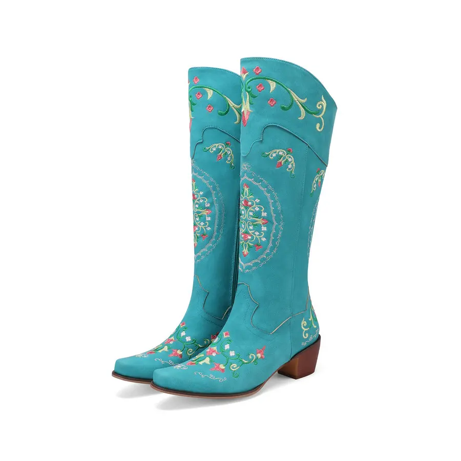 Cowgirls Western Boots Women's Embroidery Cowboy Boots for Wide Calf 2024 Chunky Med Heels Shoes 4 Seasons Zipper PU Footwear