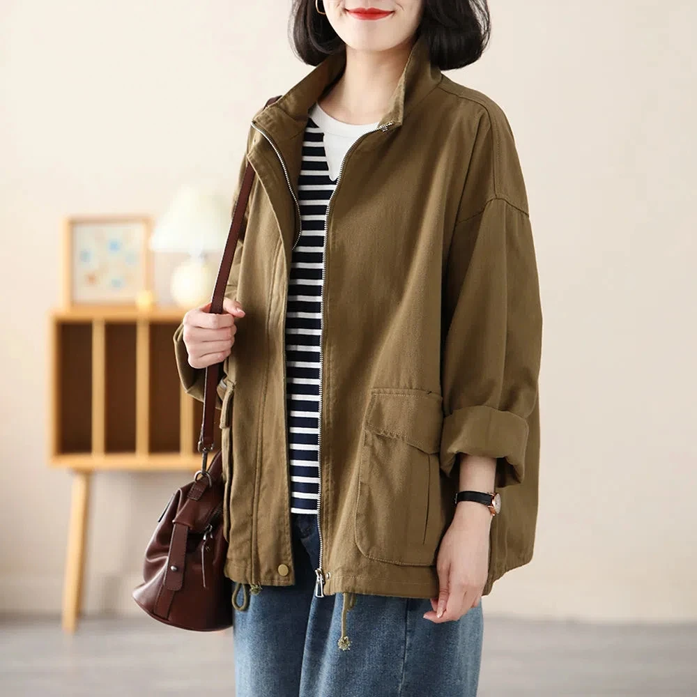 Safari Style Cotton Jacket Women Spring Summer Oversize Loose Coat Casual Top Lady Thin Outerwear Zipper Windbreaker No Lining