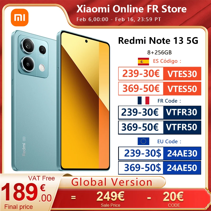 Xiaomi Redmi Note 13 5G 8Gb 256Gb Smartphone Dimensity 6080 120Hz Amoled Dotdisplay 108Mp Fotocamera 33W Nfc Versione Globale