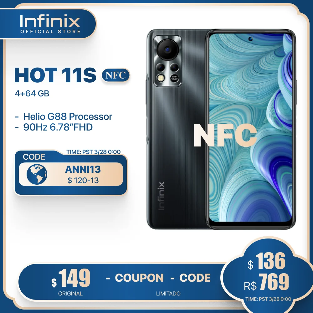 Смартфон Infinix HOT 11S NFC 4 Гб + 64 ГБ дисплей 6 78 дюйма FHD 5000 мАч задняя камера 50 МП с