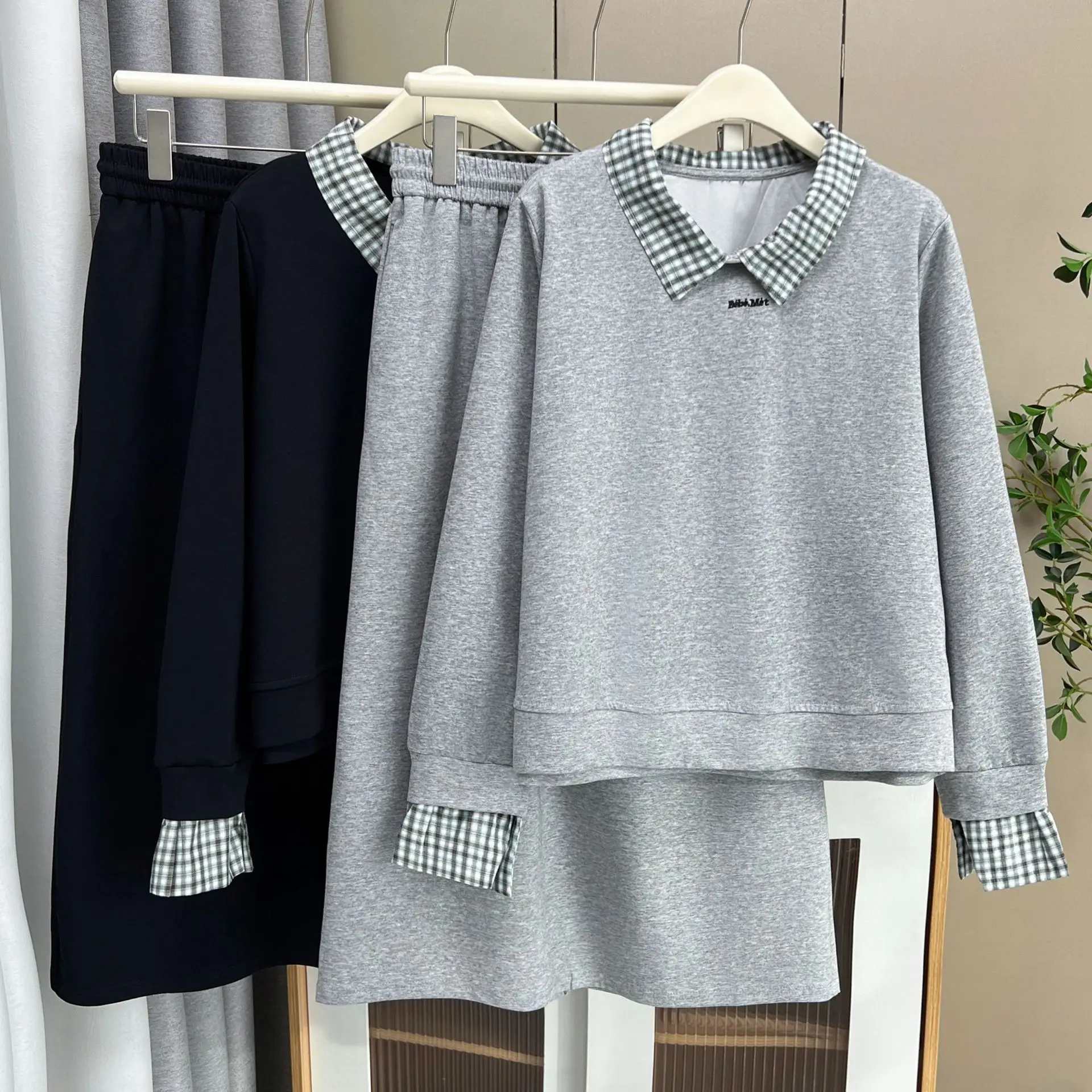 XXXXL Fashion Plus Size Women's Sets 2025 Autumn Casual Lapel Plaid Patchwork Sweatshirt And Skirt Two Piece Set