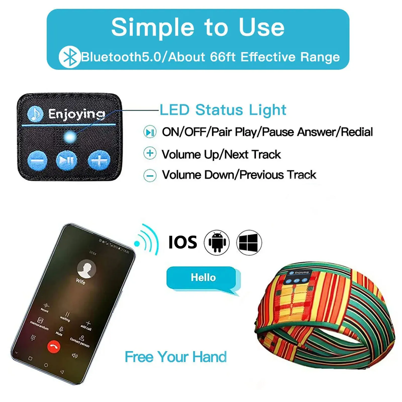 Wireless Bluetooth Headphones Headband Outdoor Elastic Sports Hair Band Music Earphones Bohemian Style Yoga Head Band Clear Call