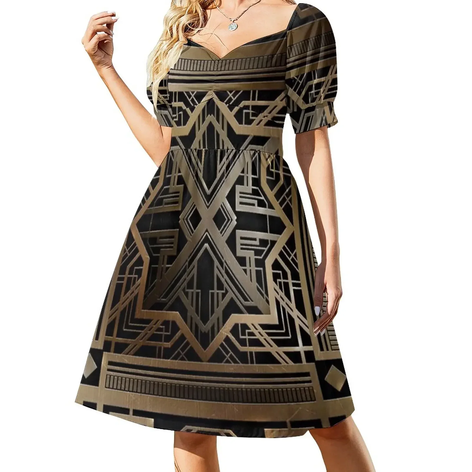 Vestido de noche de manga corta estilo art déco, dorado, negro, vintage, elegante, de la década de 1920, El Gran Gatsby, moderno y a la moda.