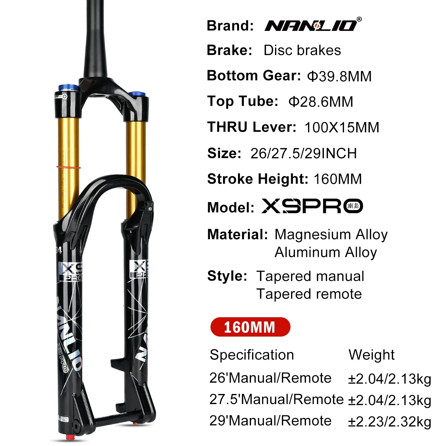Nanlio Fourches Avant De Vélo X9 Pro VTT Suspension Fourche Avant 26 27,5 29" 34 Mm 140/160 Mm Amortissement Rebond Ajustmen (29 Télécommandes 140 Mm