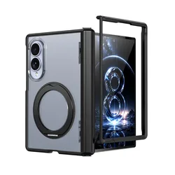 Ultra Slim Magnetic Foldable Phone Case with 360° Rotating Ring Stand and Hinge Cover for Galaxy Z Fold 8 Wide (Black)