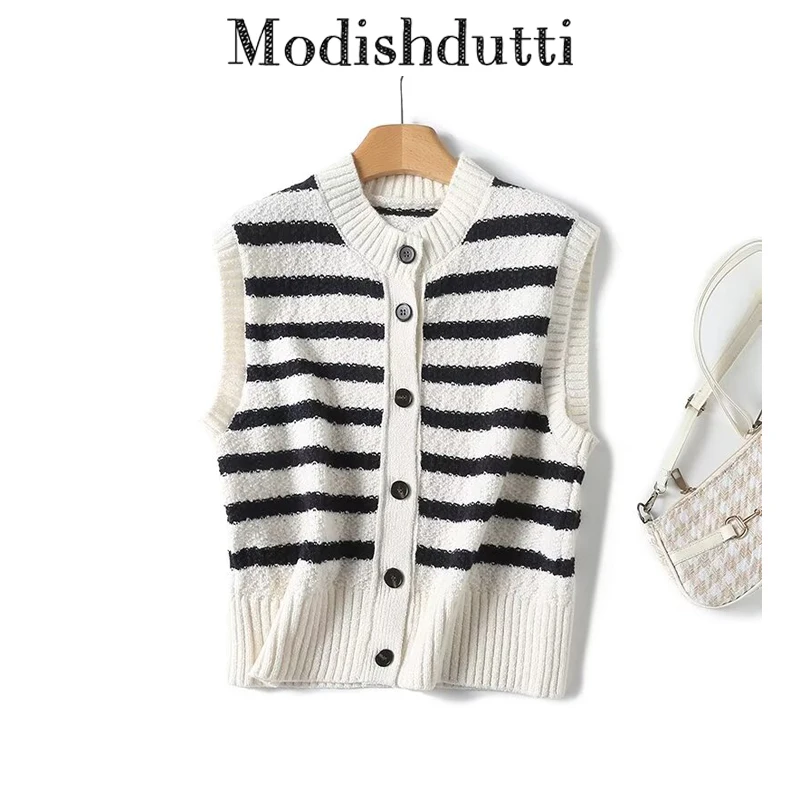

Modishdutti 2024 высококачественный Женский модный Свободный Полосатый вязаный свитер, Женский Повседневный Кардиган без рукавов, верхняя одежда, топы