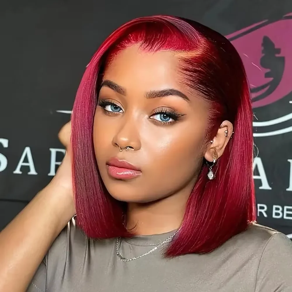 Perruques bob droites bordeaux 99J, prêtes à porter, sans colle, perruques en cheveux humains avec dentelle frontale 13×4, pré-coupées, sans colle, pour femmes, couleur rouge
