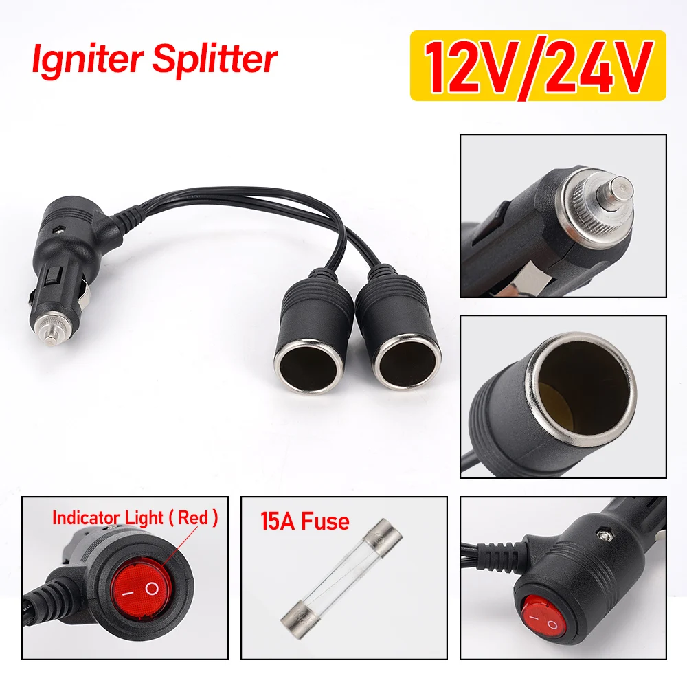 Cigarette Lighter Splitter Universal Adapter On Off Switch Car Cigarette Lighter 1 Male To 2 Female Sockets Y Splitter