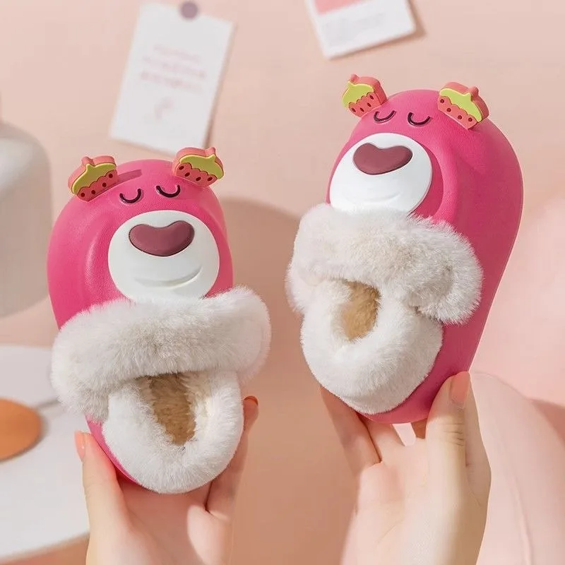 

New cartoon Lotso children's cotton slippers for boys and girls winter heel waterproof removable Disney cute cotton shoes
