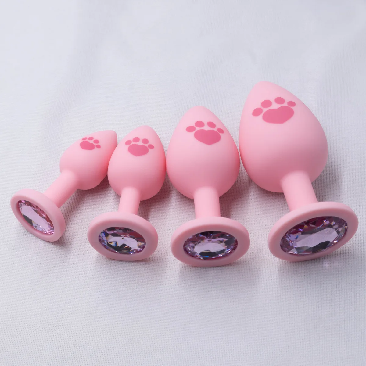 HeartCaptor Silicone Anal Plug Set 4 Sizes Cat Paw Crystal Base Pink - Details 5
